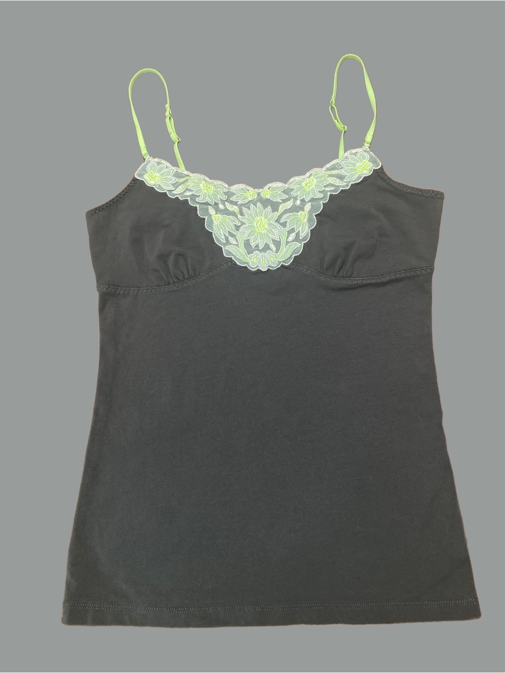 American Eagle Outfitters Charcoal Grey Cami with Neon Green Lace Accents Size M - Picture 2 of 7